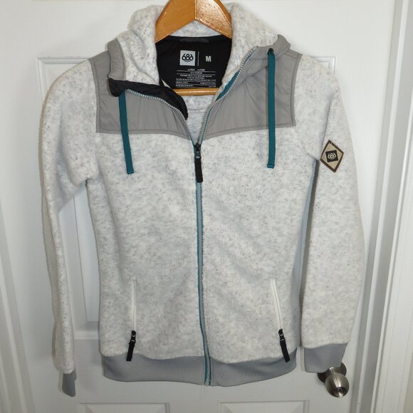 686 Women Flo Polar Zip Fleece Hoodie Full Zip Heather Gray/Teal Size Medium - Picture 1 of 5